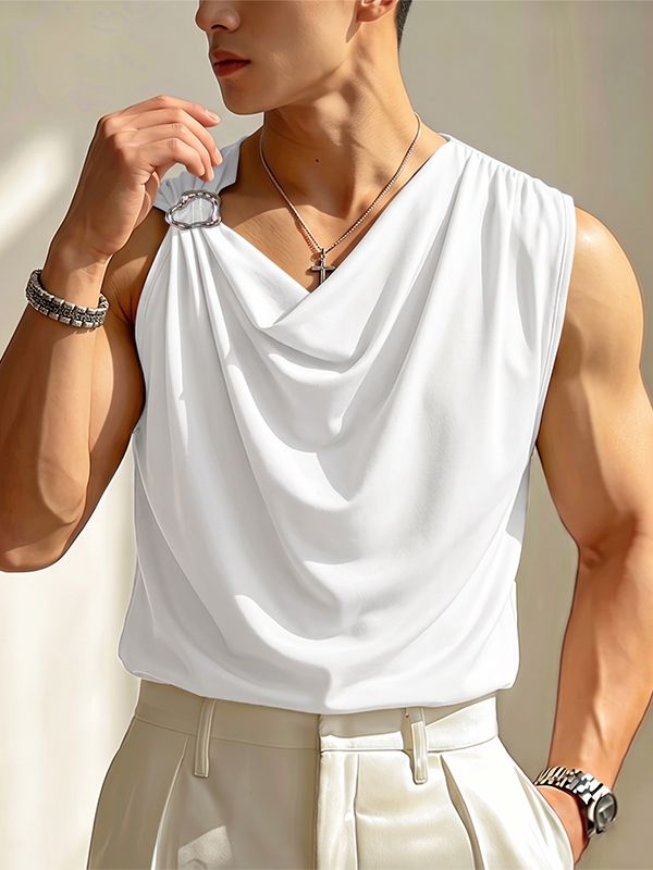 Men's High-End Party Asymmetrical Draped Cowl Neck Ring Shoulder Tank SKUL73687
