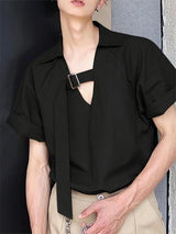 Mens Metal Buckle Strap Patchwork Short Sleeve Shirt SKUL06356