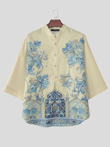 Men's Neo-Chinese Mandrin Collar All-Over Architectural Chrysanthemum Print Short Sleeve Shirt SKUL68399