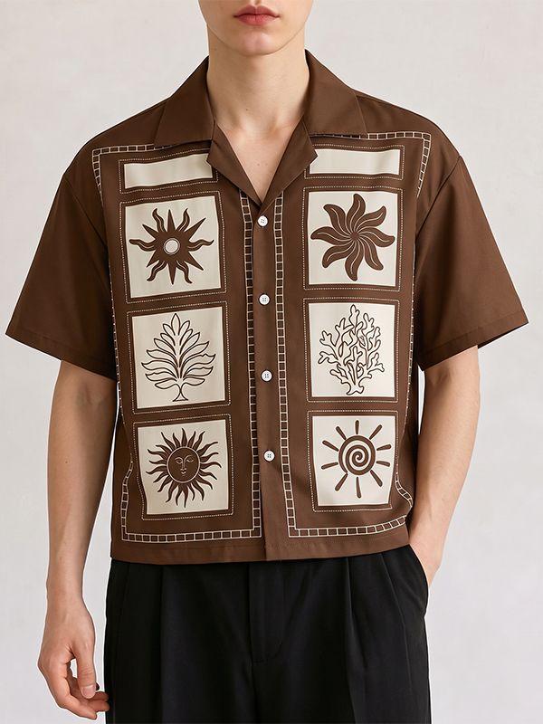 Men's Resort Hand-Drawn Sun & Palm Tree Print Cuban Collar Short Sleeve Shirt SKUL73628