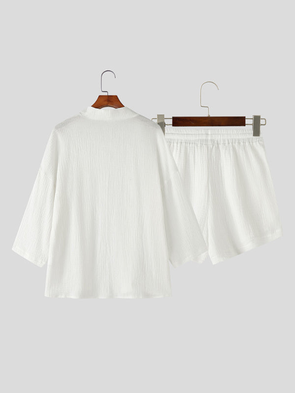 Mens Solid Color Minimalist Ruched Two Pieces Outfit SKUL13055