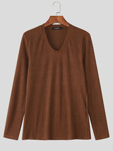 Men's Solid Color Textured V Neck Long Sleeve T-shirt SKUL47617