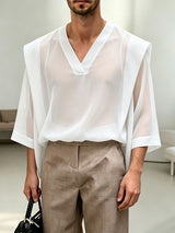 Men's Unisex Avant-Garde Architectural Sheer Organza V-Neck Strong-Shoulder T-shirt SKUL60205
