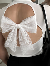 Men's Lace Bow Patchwork Open Back Short Sleeve T-Shirt SKUL37676