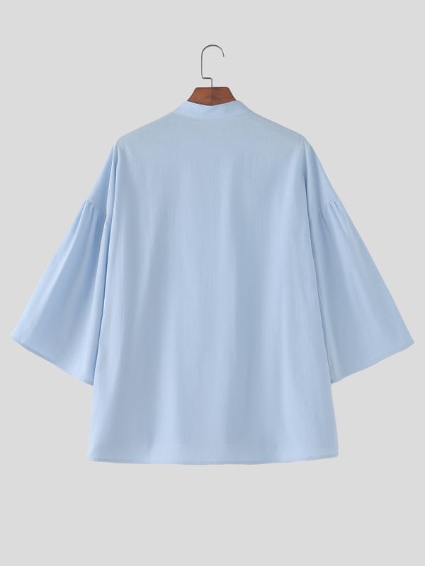 Men's Vintage Harajuku Minimalist Deep V-Neck Mandarin Collar Puff Sleeve Shirt SKUL70241
