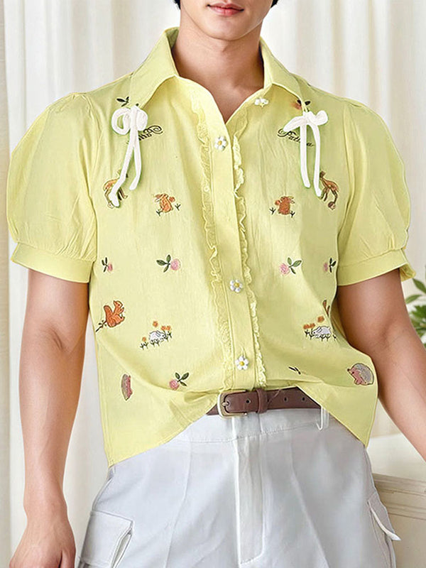 Mens Floral Print Bow Tie Short-Sleeve Shirt SKUK99748