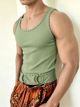Men's Vintage Heavy Studded Eyelet O-Ring Ribbed Fitted Muscle Tank SKUL63008
