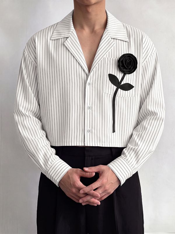 Men's Romantic Avant-Garde 3D Rose Appliqué Deep V-Neck Cropped Pinstripe Shirt SKUL79631