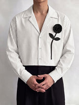 Men's Romantic Avant-Garde 3D Rose Appliqué Deep V-Neck Cropped Pinstripe Shirt SKUL79631