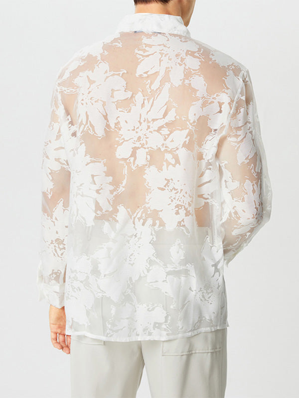 Mens Sheer Mesh See-Through Floral Flocking Shirt SKUJ36328