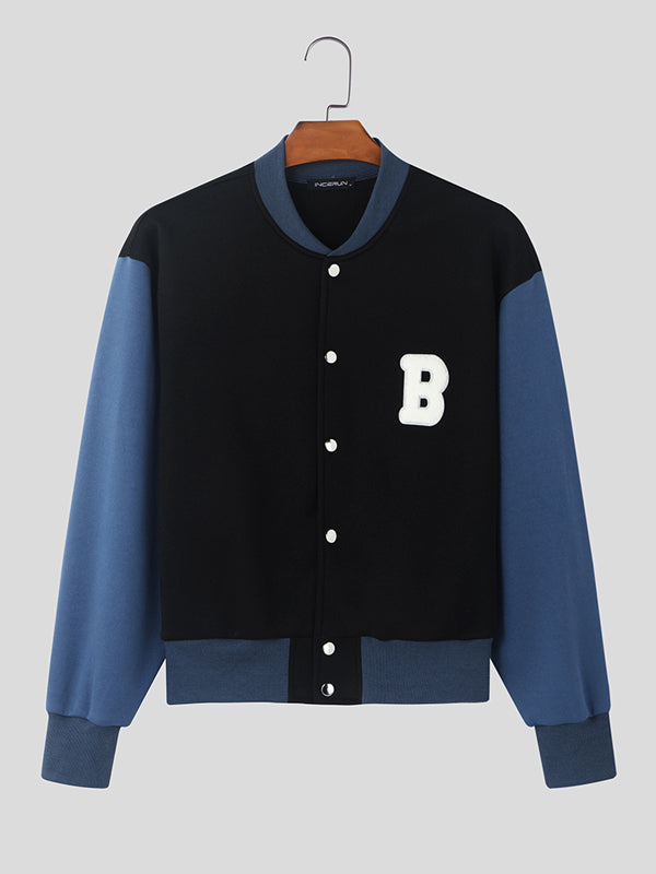 Mens Letter Print Color Block Patchwork Baseball Jacket SKUK82209