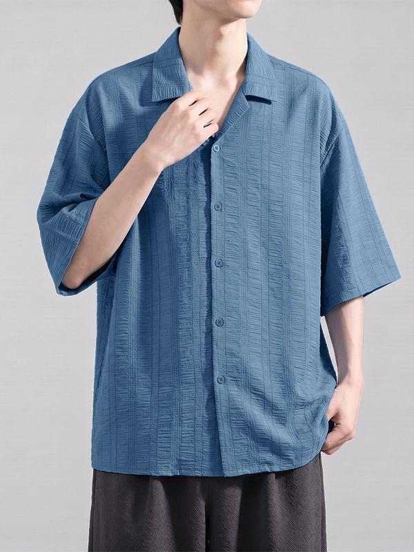 Men's Vintage Textured Drop Shoulder Cuban Collar Short Sleeve Shirt SKUL73655