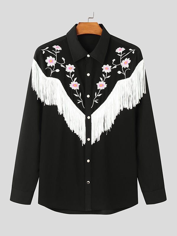Mens Fringe Patchwork Embroidered Long-Sleeve Shirt SKUK85346