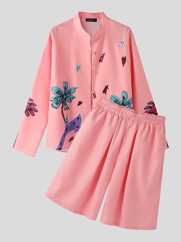 Men's Floral Print Stand Collar Two Piece Outfit SKUL45141