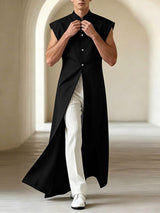 Men's Avant-Garde Sleeveless Mandarin Collar Floor-Length Split Tunic Cardigan SKUL61914