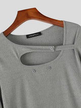 Men's Provocative Avant-Garde Asymmetrical Cut-Out Ribbed Knit Long-Sleeve T-shirt SKUL77301