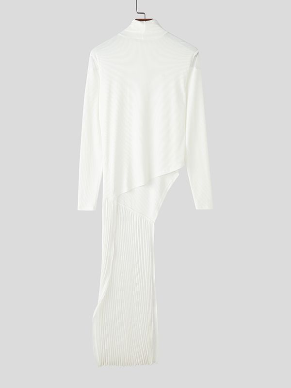 Men's Sheer Mesh Patchwork Knitted High Neck Long Sleeve T-shirt SKUL43804