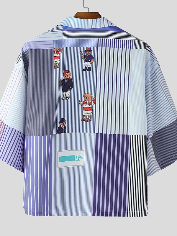 Men's Bear Print Striped Short Sleeve Shirt SKUL47706