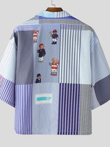 Men's Bear Print Striped Short Sleeve Shirt SKUL47706
