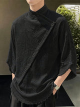 Men's Modern Chinese Zen Aesthetic Asymmetric Slant Button Raw Hem Short Sleeve Shirt SKUL71271