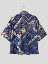 Men's Modern Neo-Chinese Batik Graphic Print Contrast Panel Drop Shoulder Short Sleeve Shirt SKUL73744