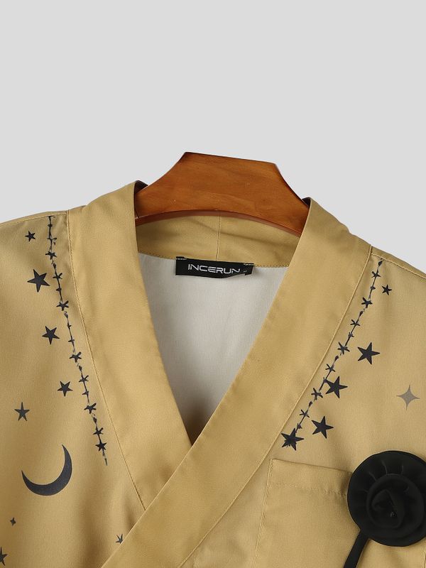 Men's Avant-Garde Starry Night & Castle Print 3D Applique Rose Short Sleeve Shirt SKUL61936