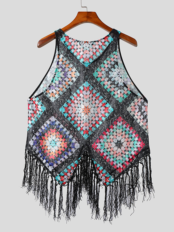 Mens Windowpane Pattern Lace Fringe Hem Vest SKUK12327