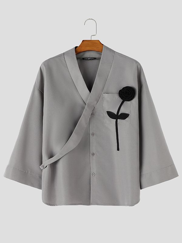 Men's 3D Long-Stem Rose Patch Overlap Shirt SKUL61944
