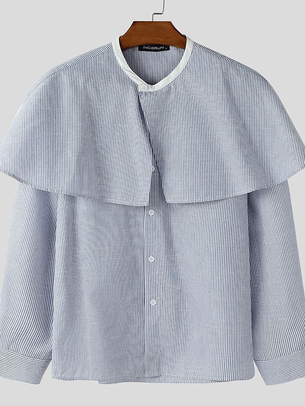 Men's Stripe Fake Two Piece Design Long Sleeve Shirt SKUL47788