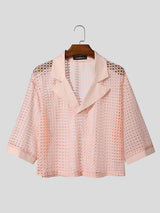 Men's Avant-Garde Sheer Mesh Notched Lapel Cropped Short Sleeve Shirt SKUL55513