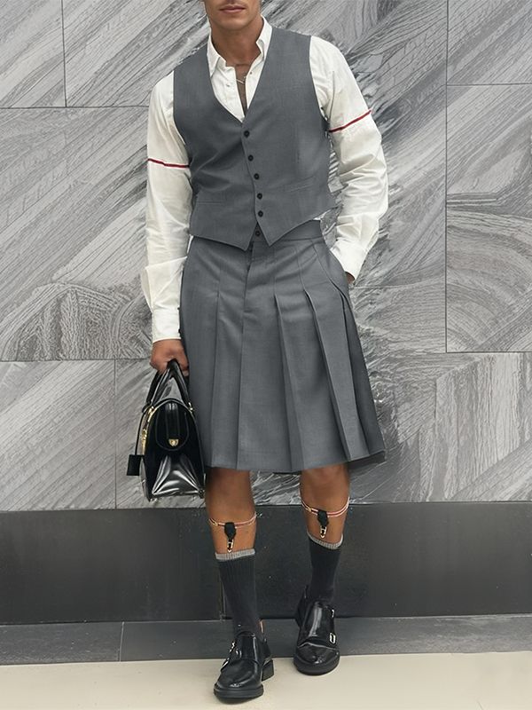 Men's Solid Color Pleated Skirt Two Pieces Outfit SKUL41268