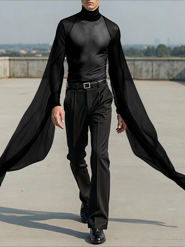 Men's Deconstructed Sheer Mesh Flap Long Sleeve T-Shirt SKUL37628