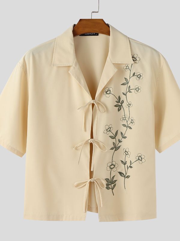 Men's Floral Embroidery Short Sleeve Shirt SKUL38936