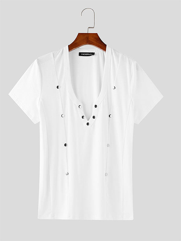 Mens Button Patchwork Knit Short Sleeve T-Shirt SKUL04166