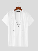 Mens Button Patchwork Knit Short Sleeve T-Shirt SKUL04166