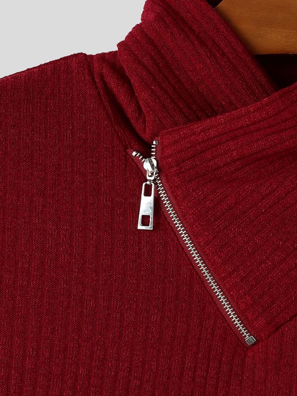 Men's Avant-Garde Urban Casual Asymmetrical Slanted Zipper Ribbed Knit Pointed Hem Long Sleeve Stand Collar Sweater SKUL82403
