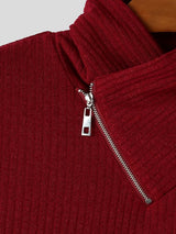 Men's Avant-Garde Urban Casual Asymmetrical Slanted Zipper Ribbed Knit Pointed Hem Long Sleeve Stand Collar Sweater SKUL82403