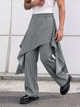 Men's Avant-Garde Asymmetric Pinstripe Skirted Layered Wide-Leg Pant SKUL65878