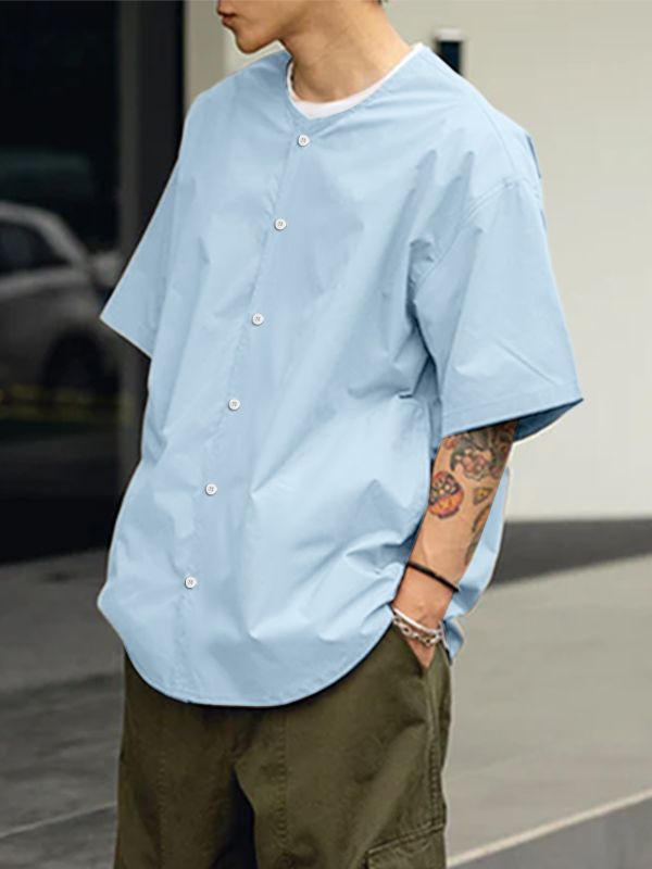 Men's Minimalist Button-Front Collarless Boxy Short Sleeve Shirt SKUL60145
