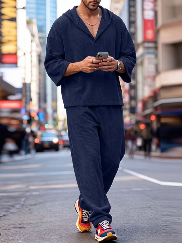 Men's Clean Fit Urban Casual Ribbed Texture Lapel Two Pieces Outfit SKUL83187