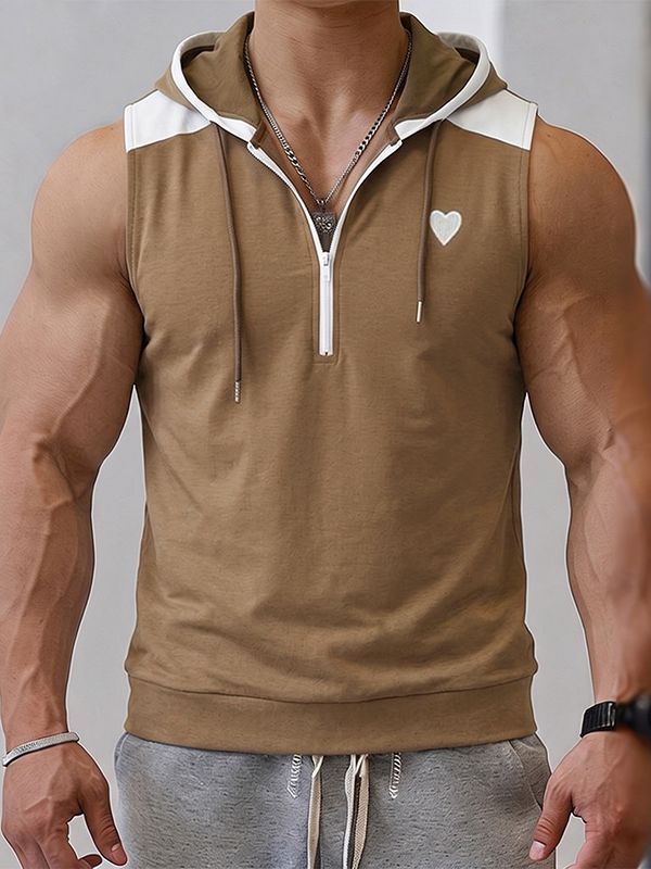 Men's Athletic Gym Half Zip Drawstring Hood Muscle Fit Sleeveless Hooded Collar Tank SKUL73201