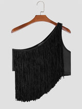 Mens Asymmetrical Shoulder Fringe Cropped Fitted Tank SKUK64738