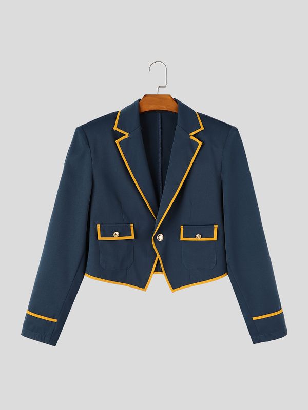 Men's Royal Vintage Evening Gala Contrast Piping Gold Button Cropped Blazer SKUL85520