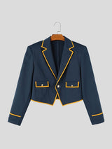 Men's Royal Vintage Evening Gala Contrast Piping Gold Button Cropped Blazer SKUL85520