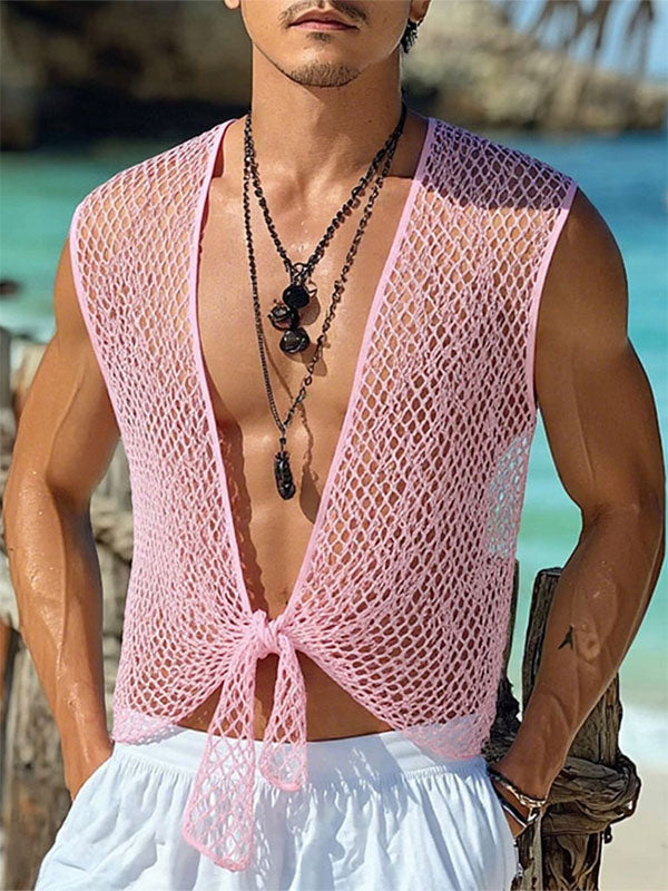 Mens Sheer Mesh Hollow Sleeveless Cardigan SKUL13735