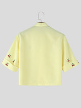 Men's Modern Chinese Mandarin Collar Frog Button Cherry Print Cropped Short Sleeve Shirt SKUL60983