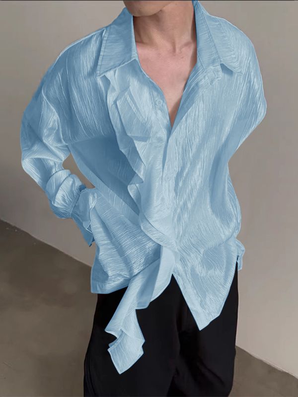 Men's Pleated Textured Ruffle Long Sleeve Shirt SKUL37174