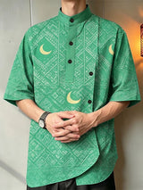 Men's Crescent Moon Geometric Print Asymmetric Placket Short Sleeve Shirt SKUL61012