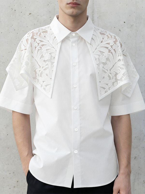 Men's Avant-Garde Floral Lace Overlay Cape-Collar Short Sleeve Button-Down Shirt SKUL61666
