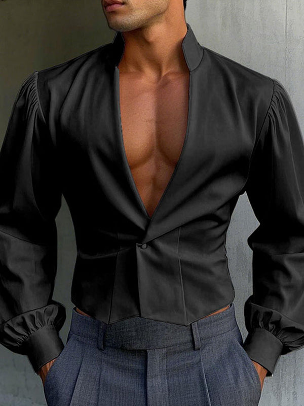 Mens Solid Color Deep V-Neck Long Sleeve Shirt SKUL01320